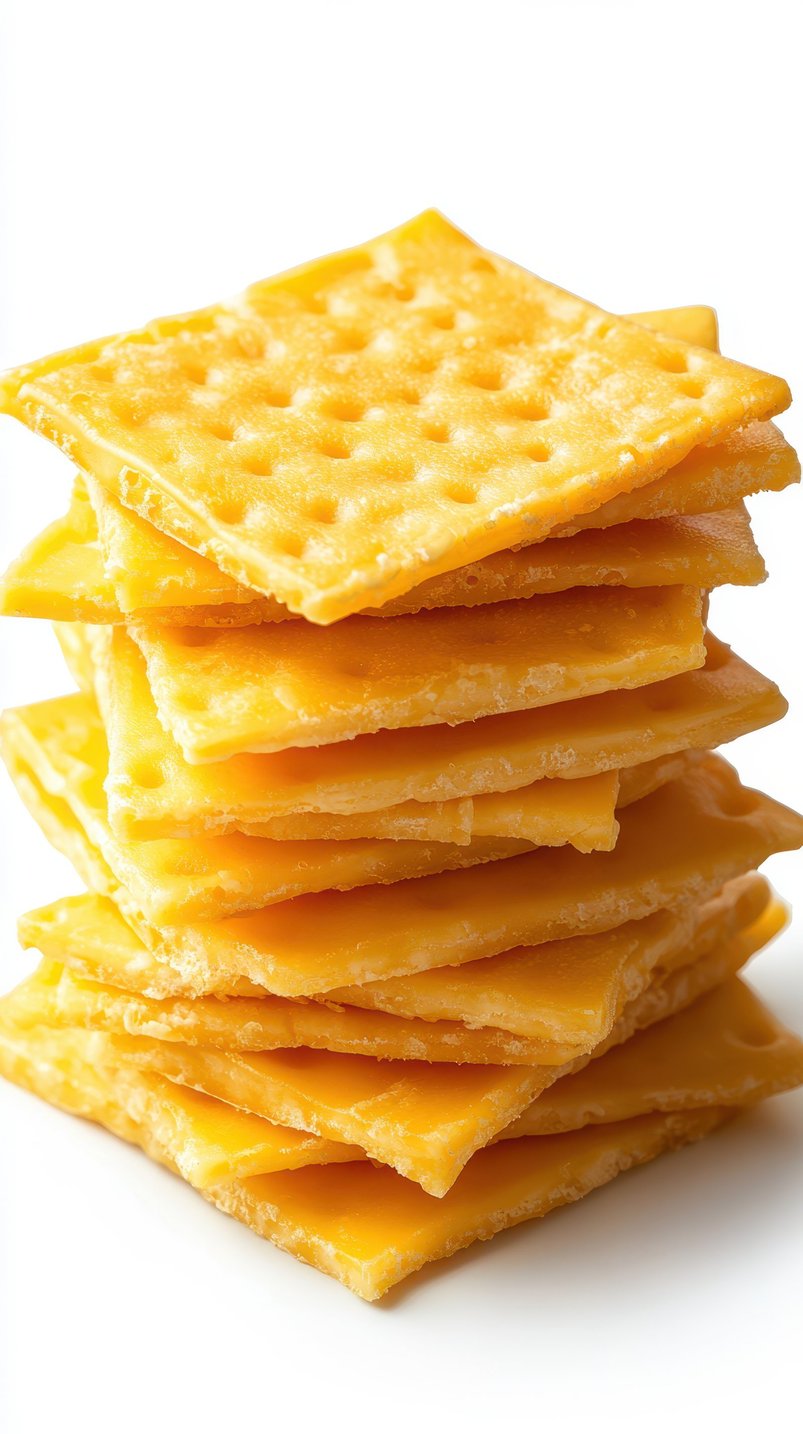 Delicious crispy cheese crackers stacked high on a white background perfect for snacking and sharing at any occasion